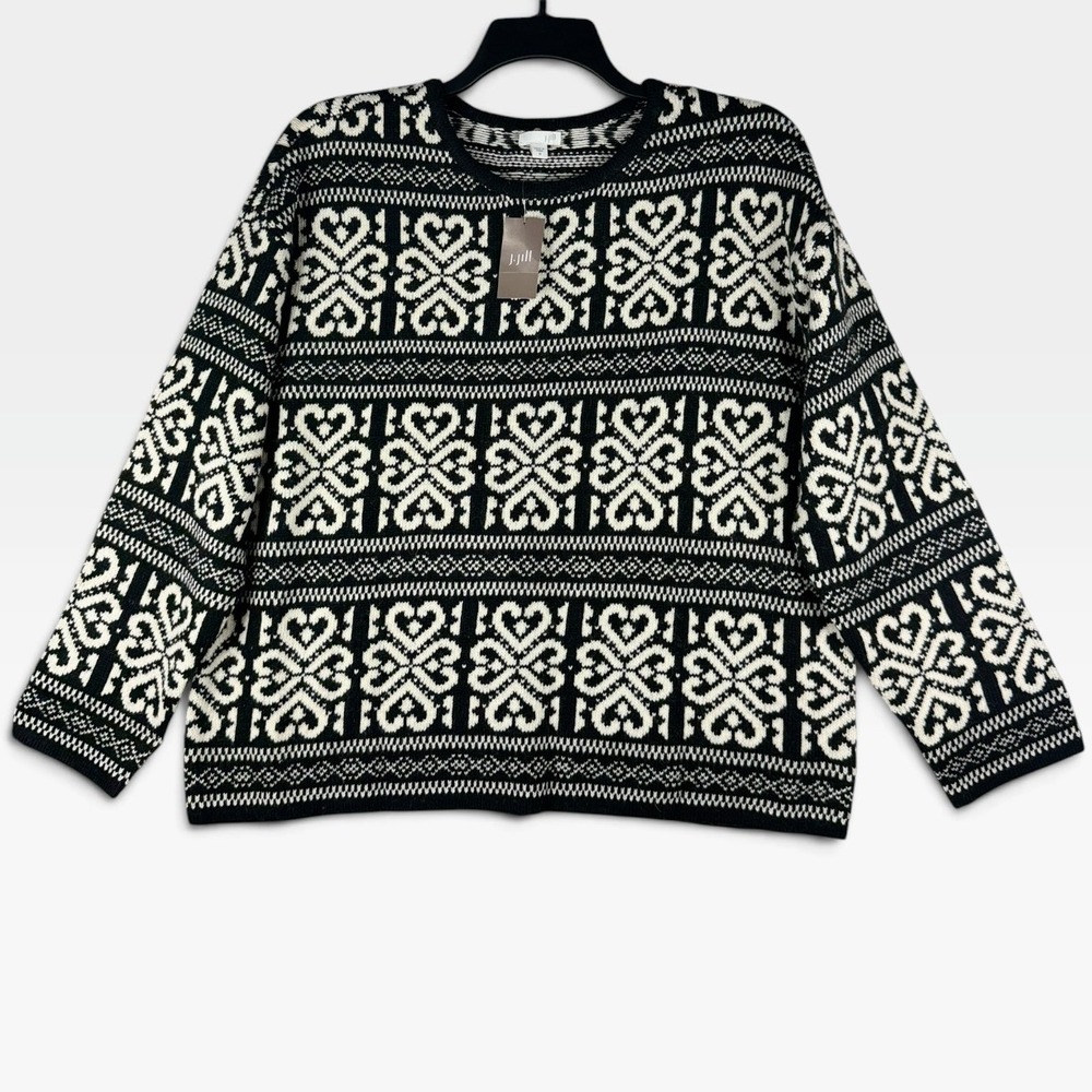 J. Jill Sweater Fair Isle Heart Intarsia Womens M Black Cream Wool Blend NWT